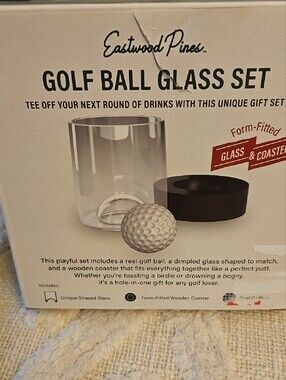 Golf Ball Glass Set - Amber Glass with Wooden Coaster & Golf Ball. New In box